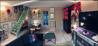 White Rabbit House — salon avec escalier vert, coin repas et rideau artistique
