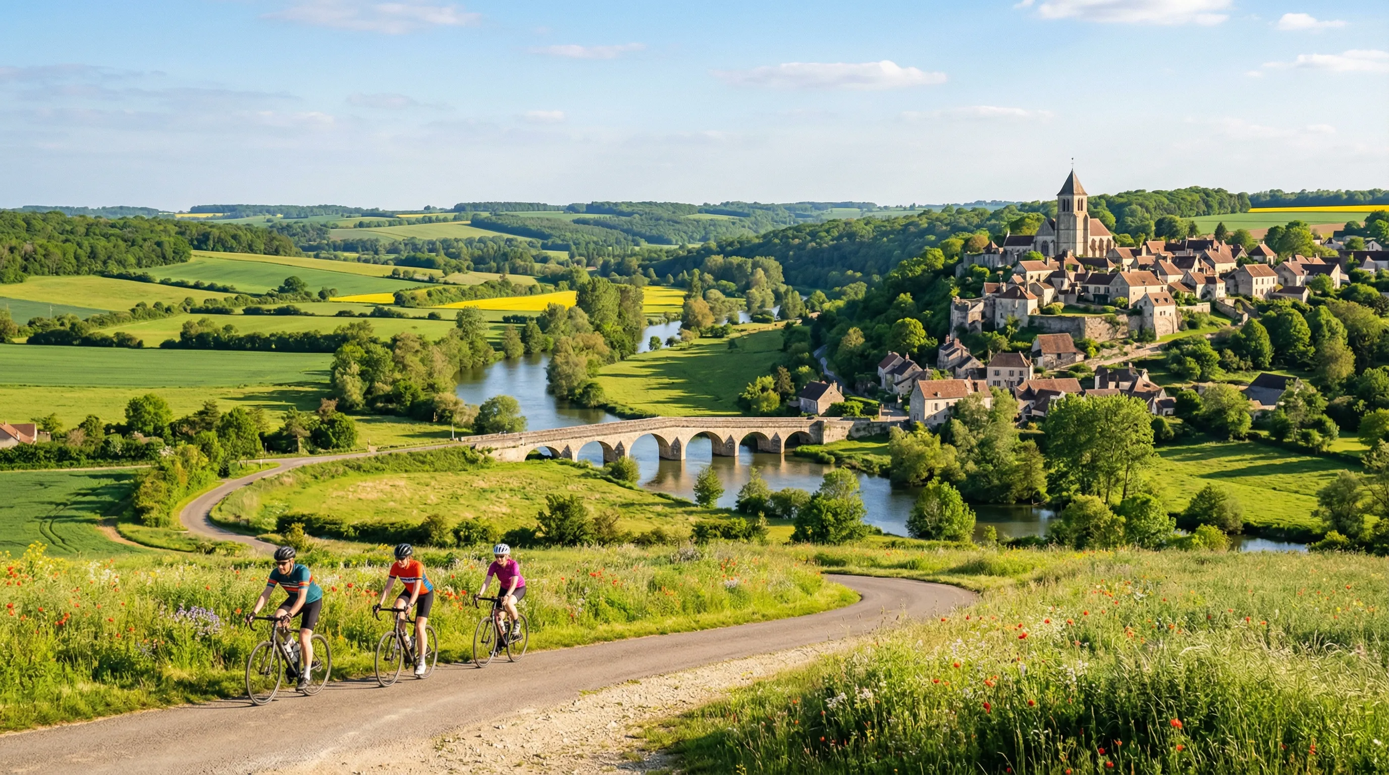 Panorama de la campagne de Seine-et-Marne — cyclistes, rivière et village médiéval