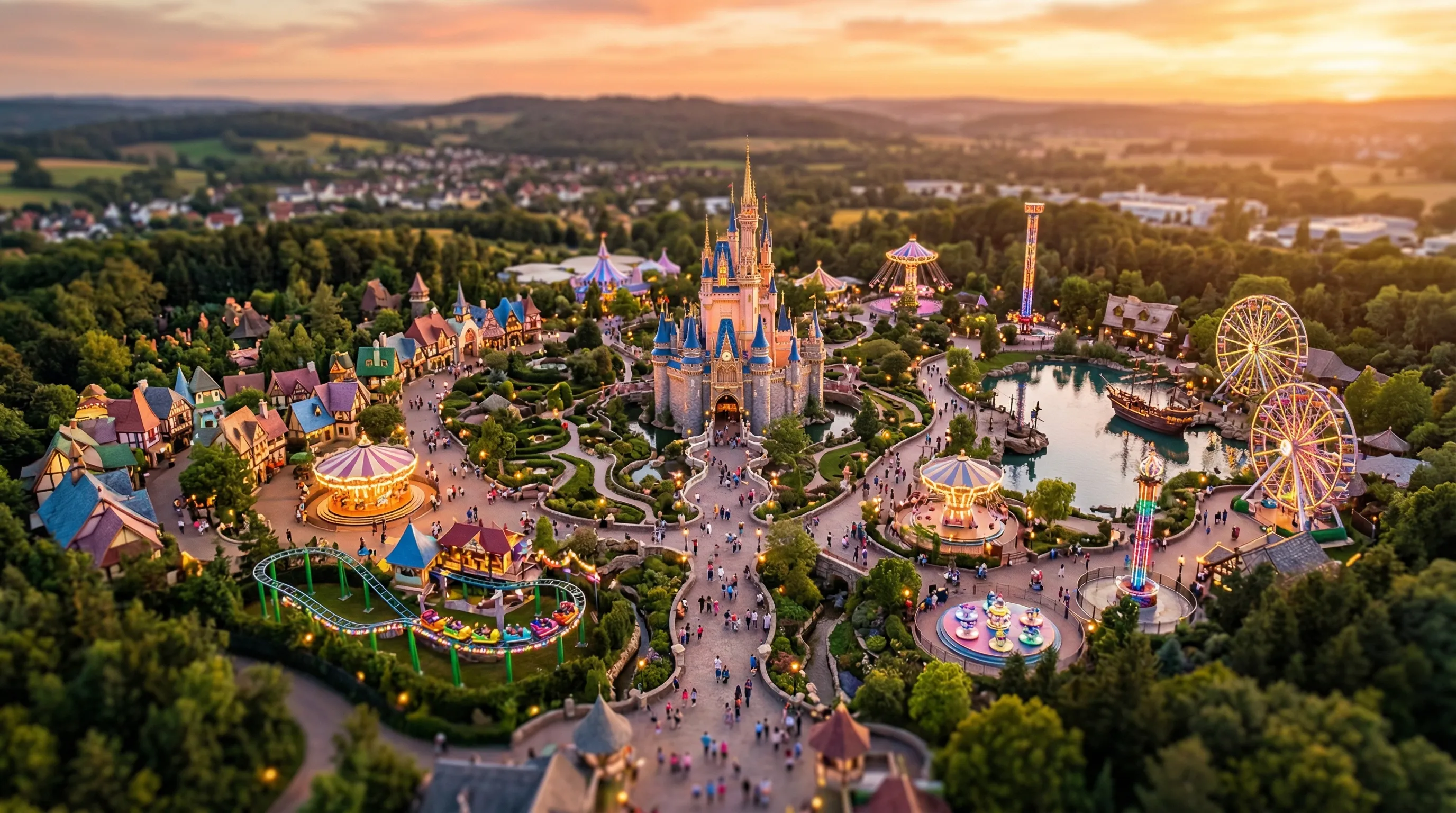 Vue aérienne d'un parc d'attractions féerique au coucher du soleil