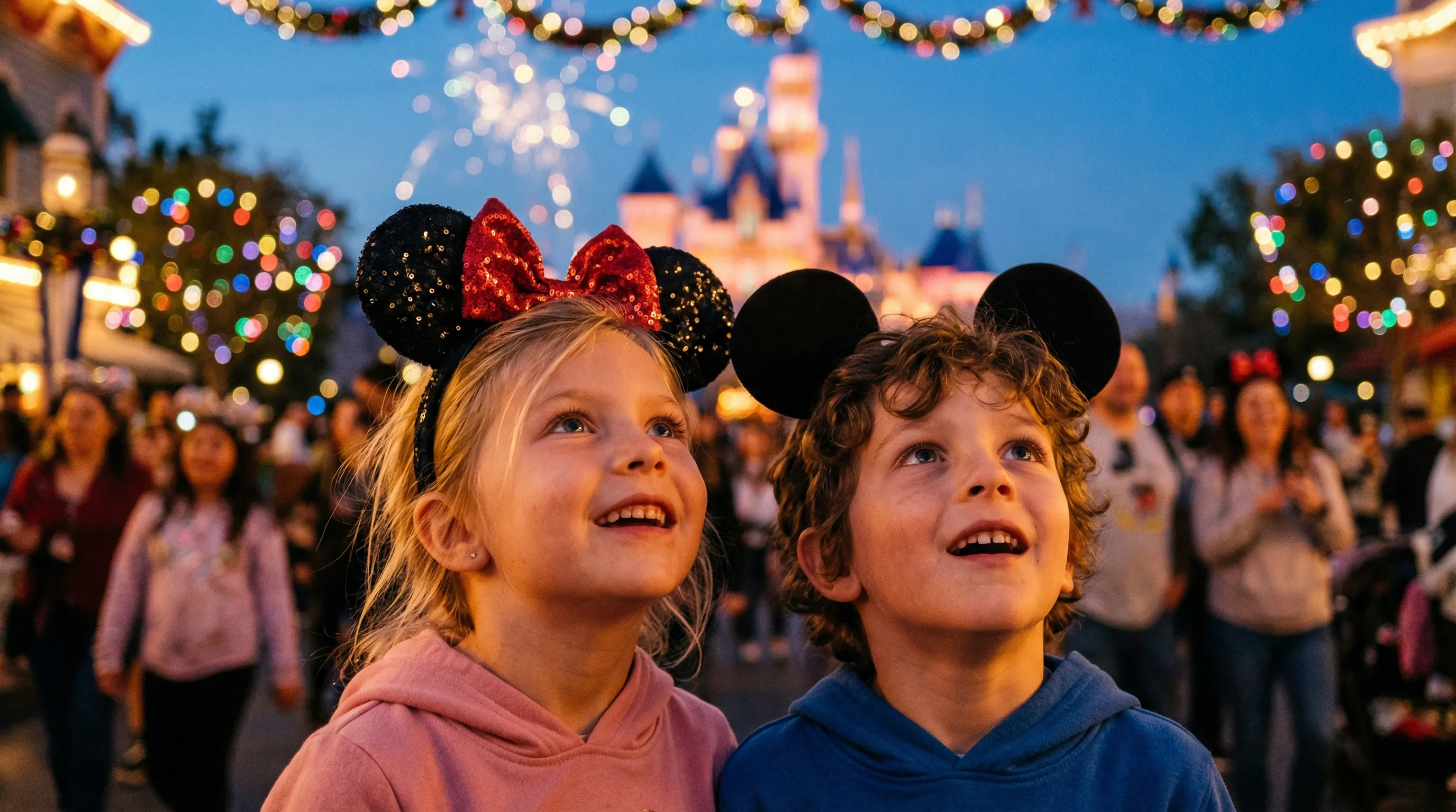 Enfants émerveillés avec oreilles de Mickey à Disneyland Paris