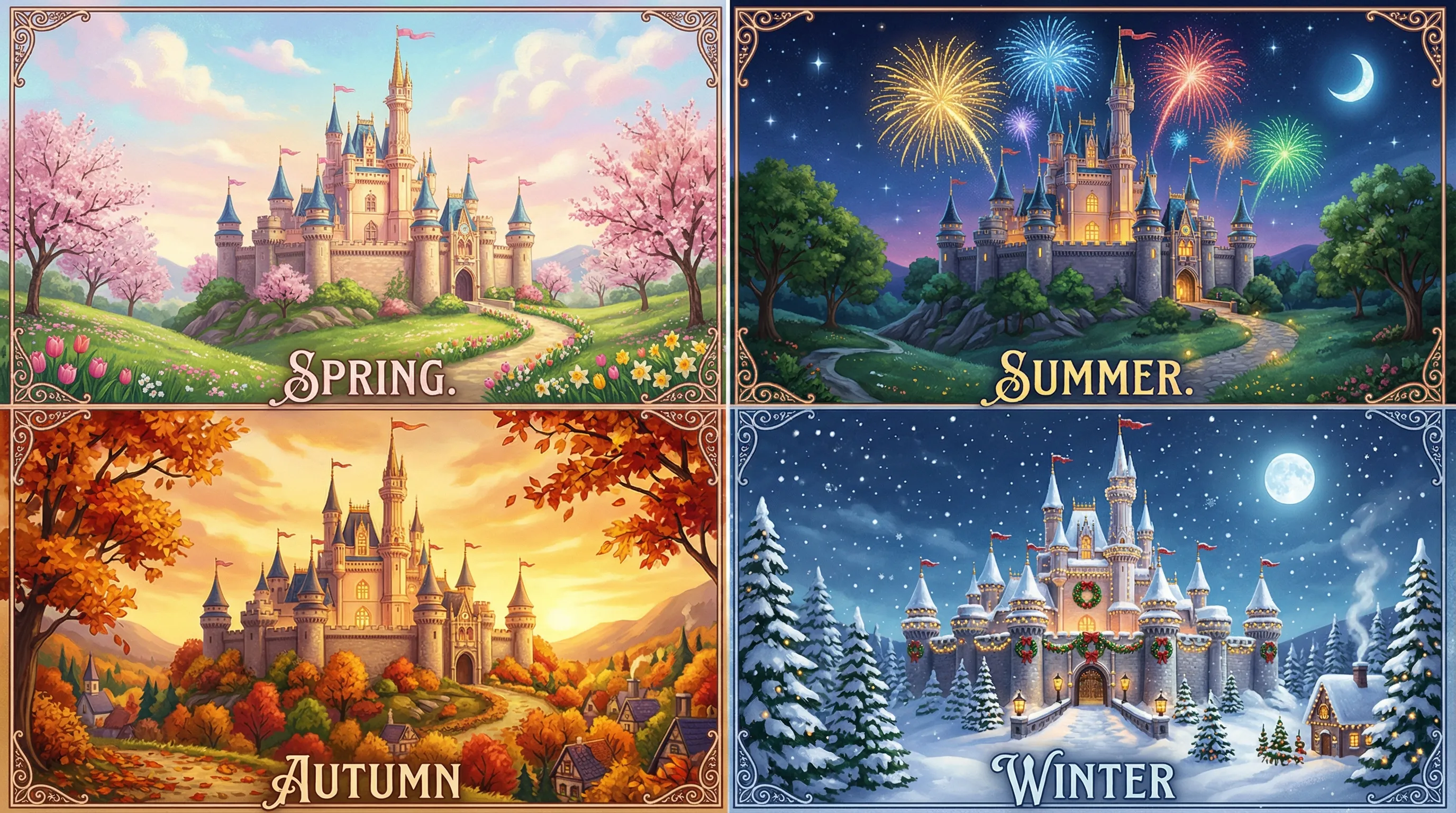 Les quatre saisons à Disneyland Paris — printemps, été, automne, hiver