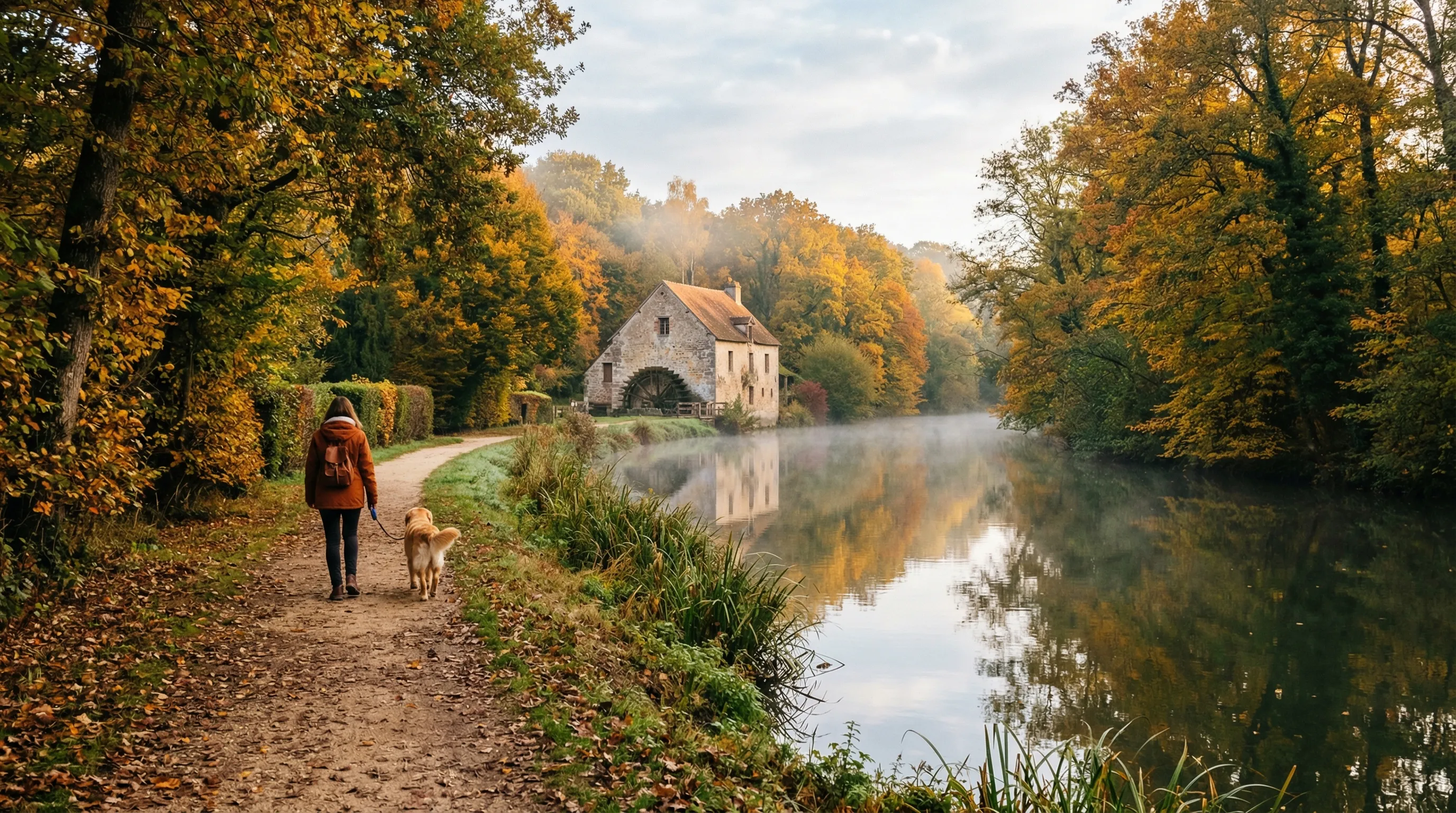 Promenade automnale le long du Grand Morin — moulin en pierre et feuillage doré